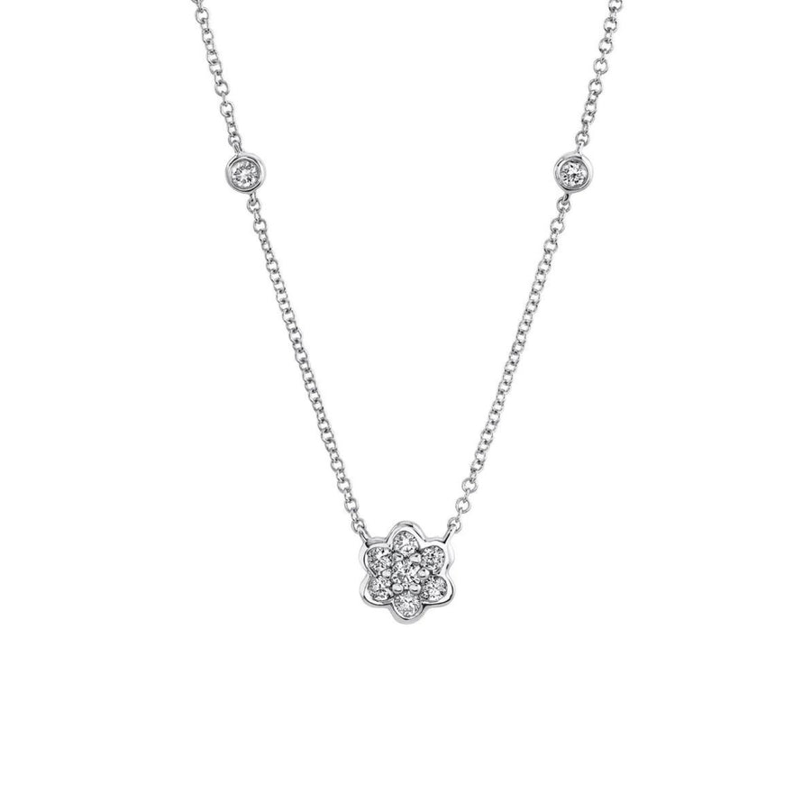 Shy Creation Diamond Flower Necklace in 14 karat white gold with diamonds totaling 0.33 carats.