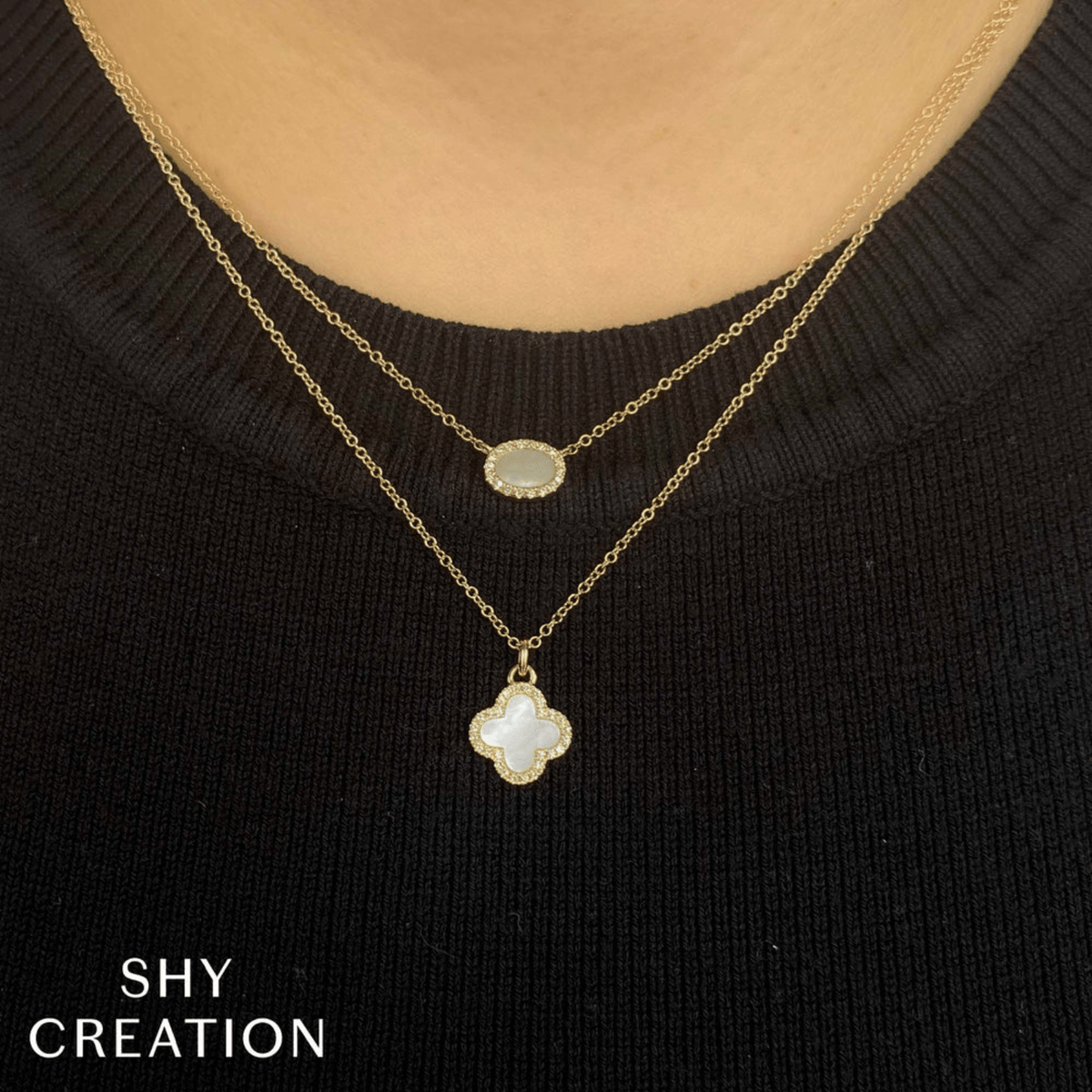 Shy Creation Diamond & Mother Of Pearl Clover Necklace 0.08CT SC55025140