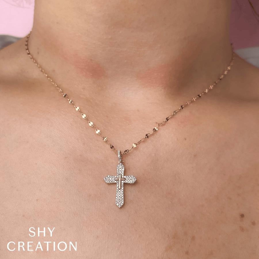 Shy Creation Diamond Pave Cross Sparkle Chain Necklace 0.17 CT - SC55026012RD