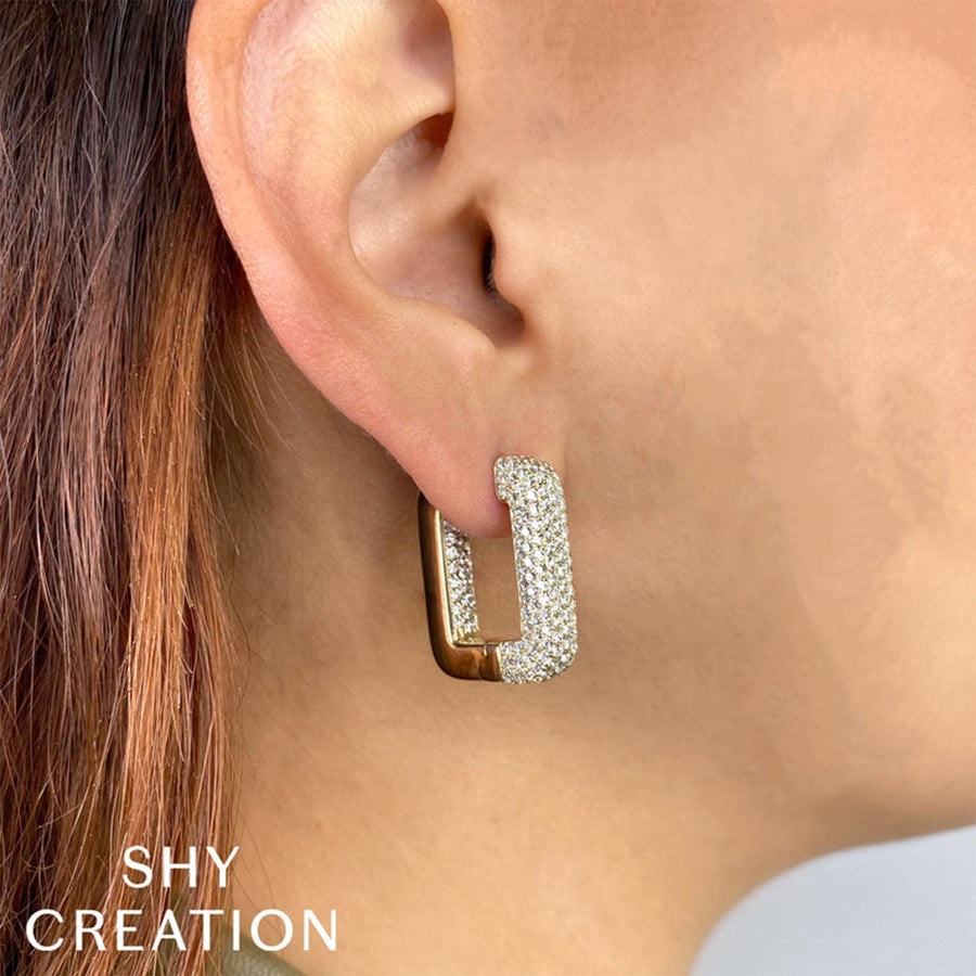 Shy Creation Diamond Pave Rectangle Hoop Earrings 4.13 CT - SC55025300H1.00