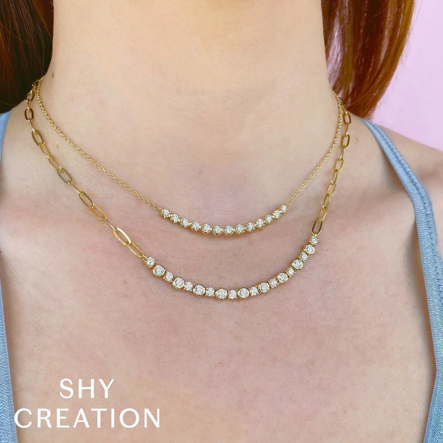 Shy Creation Diamond Crown Setting Necklace in 14 karat yellow gold with diamonds totaling .91 carats.