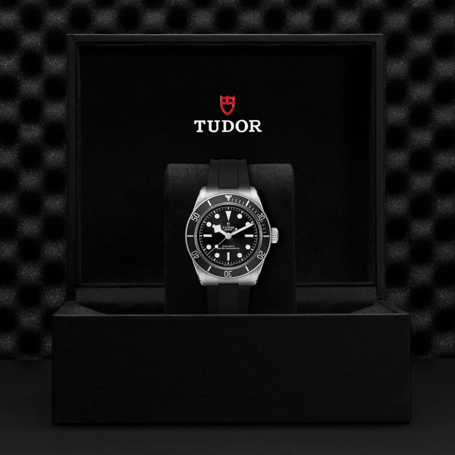 TUDOR Black Bay - M7941A1A0NU-0002 - TUDOR Black Bay in a 41mm stainless steel case with black dial on black rubber strap, featuring a bi-directional rotating bezel and automatic movement with up to 70 hours of power reserve.