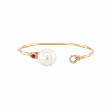 Freshwater Pearl and Ruby Diamond Open Bangle-White Freshwater Pearl and Ruby Bangle