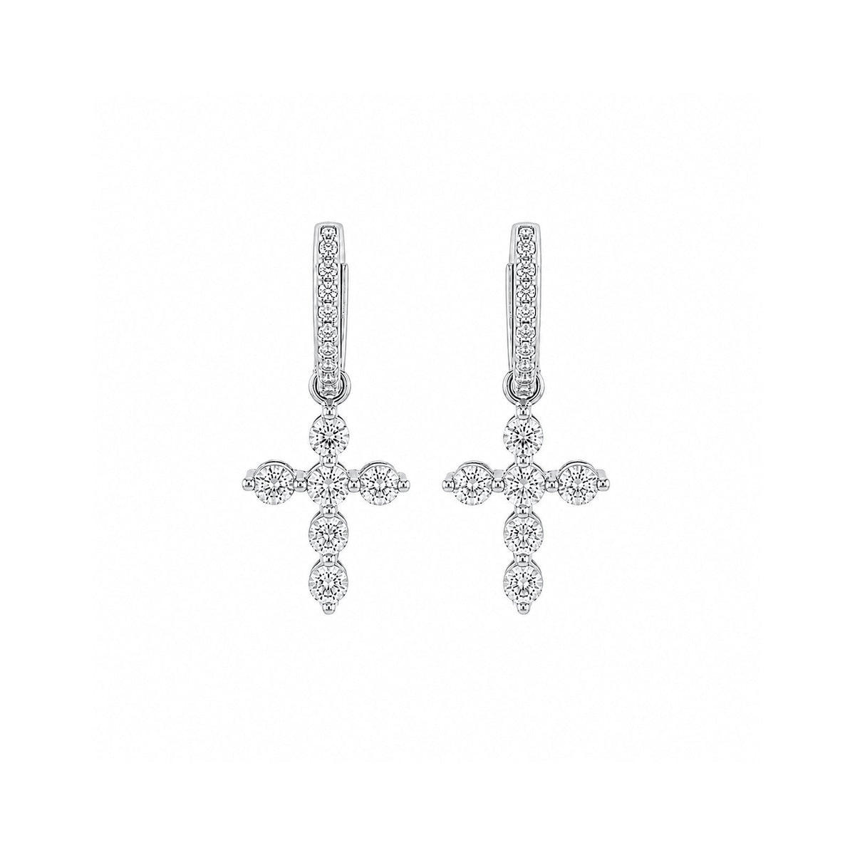 White Gold Diamond Cross Charm Huggie Drop Earrings - 1.35 CT