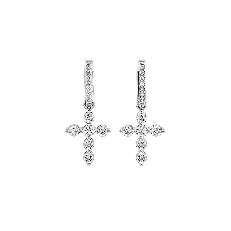 White Gold Diamond Cross Charm Huggie Drop Earrings - 1.35 CT