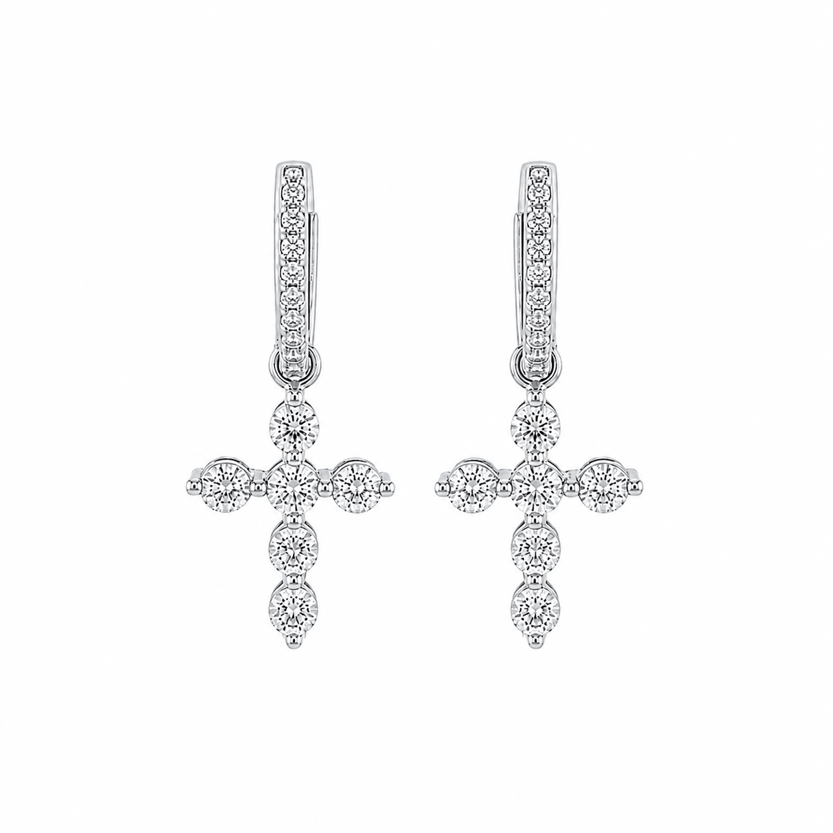 White Gold Diamond Cross Charm Huggie Drop Earrings - 1.35 CT