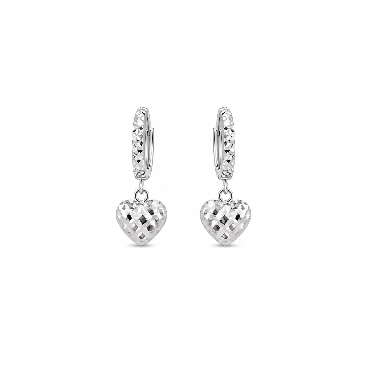 White Gold Diamond-Cut Heart Dangling Earrings