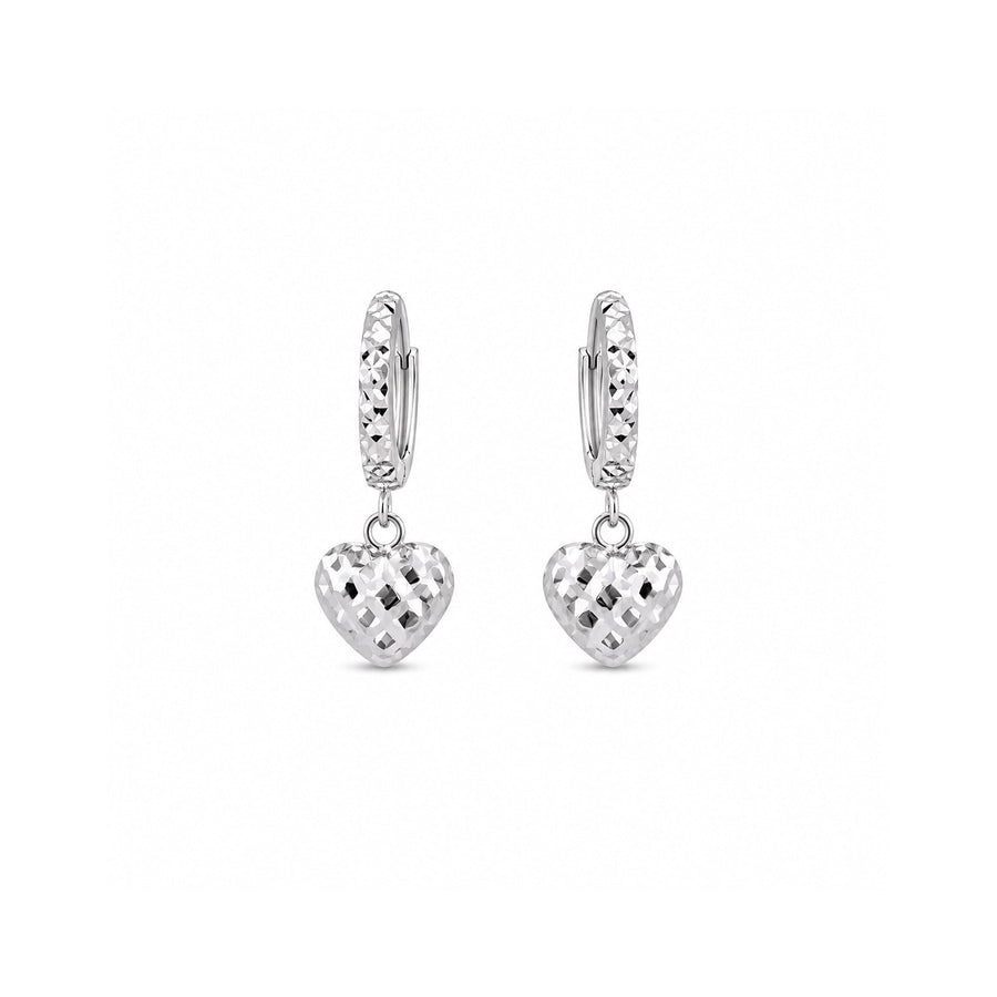 White Gold Diamond-Cut Heart Dangling Earrings