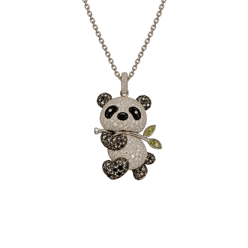 White Gold Diamond Onyx Panda Pendant and Chain-White Gold Diamond Onyx Panda Pendant and Chain