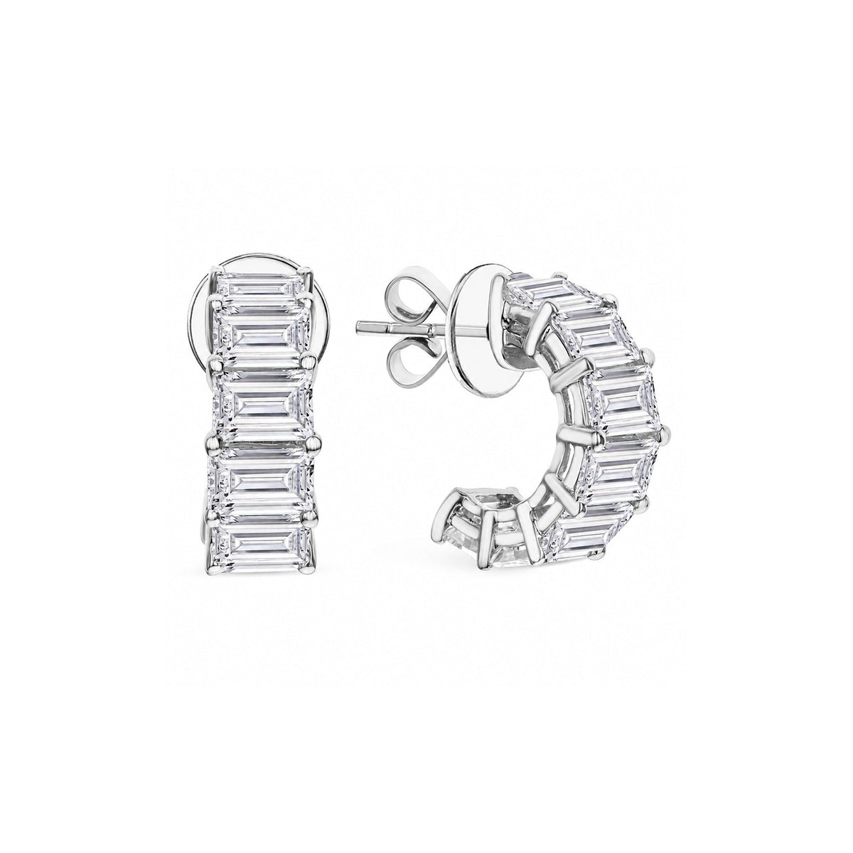White Gold Emerald Cut Diamond J-Hoop Earrings