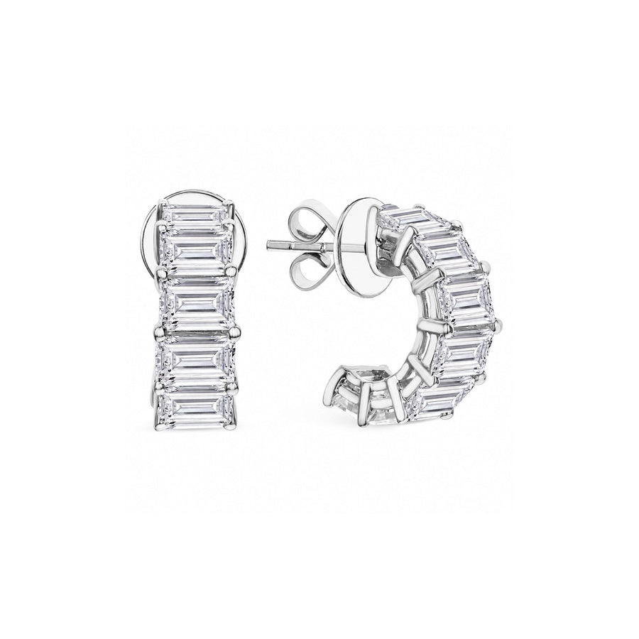White Gold Emerald Cut Diamond J-Hoop Earrings