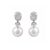 White South Sea Pearl & Diamond Cluster Drop Earrings-White South Sea Pearl Diamond Earrings