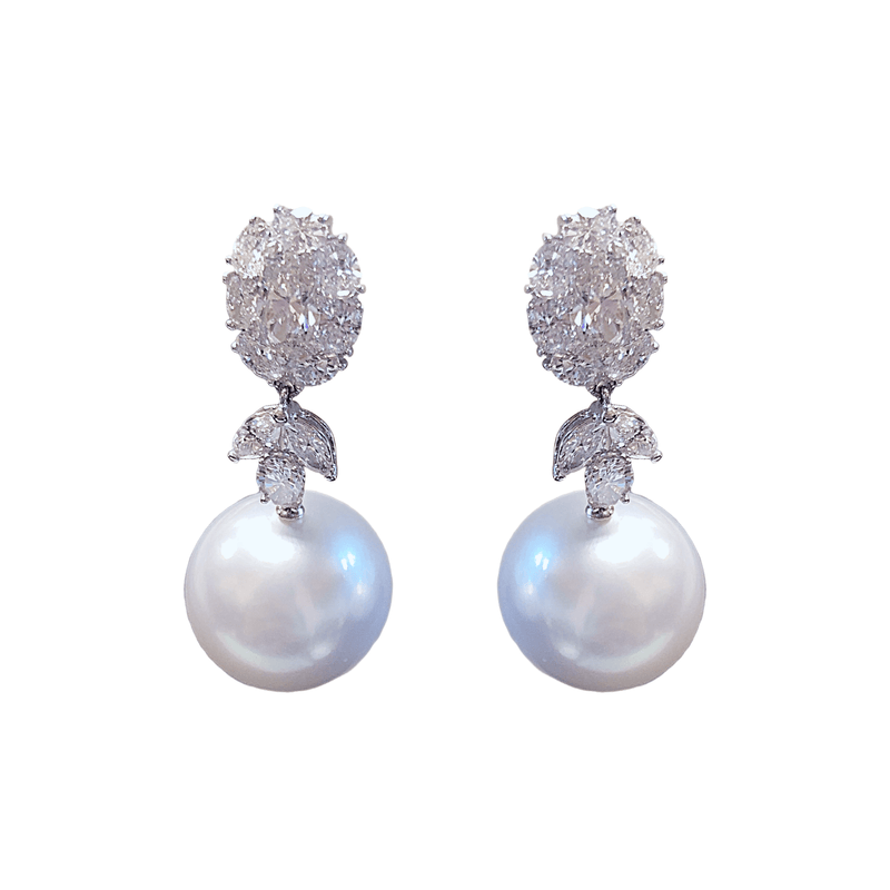 White South Sea Pearl Diamond Earrings-White South Sea Pearl Diamond Earrings - PEUJD00158