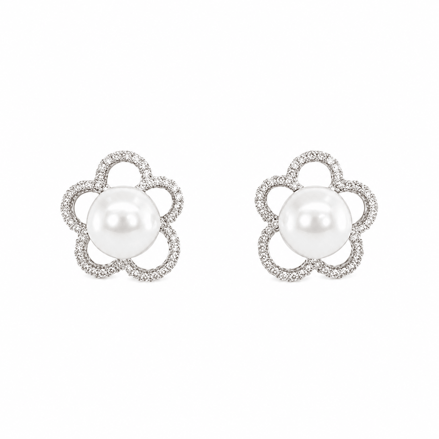 White South Sea Pearl Diamond Flower Earrings