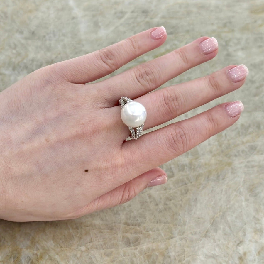 White South Sea Pearl Diamond Split Shank Ring - PRMXM00182
