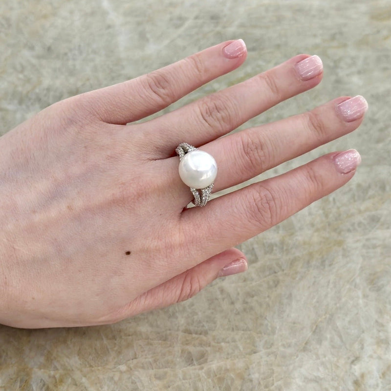 White South Sea Pearl Diamond Split Shank Ring-White South Sea Pearl Diamond Split Shank Ring - PRMXM00182