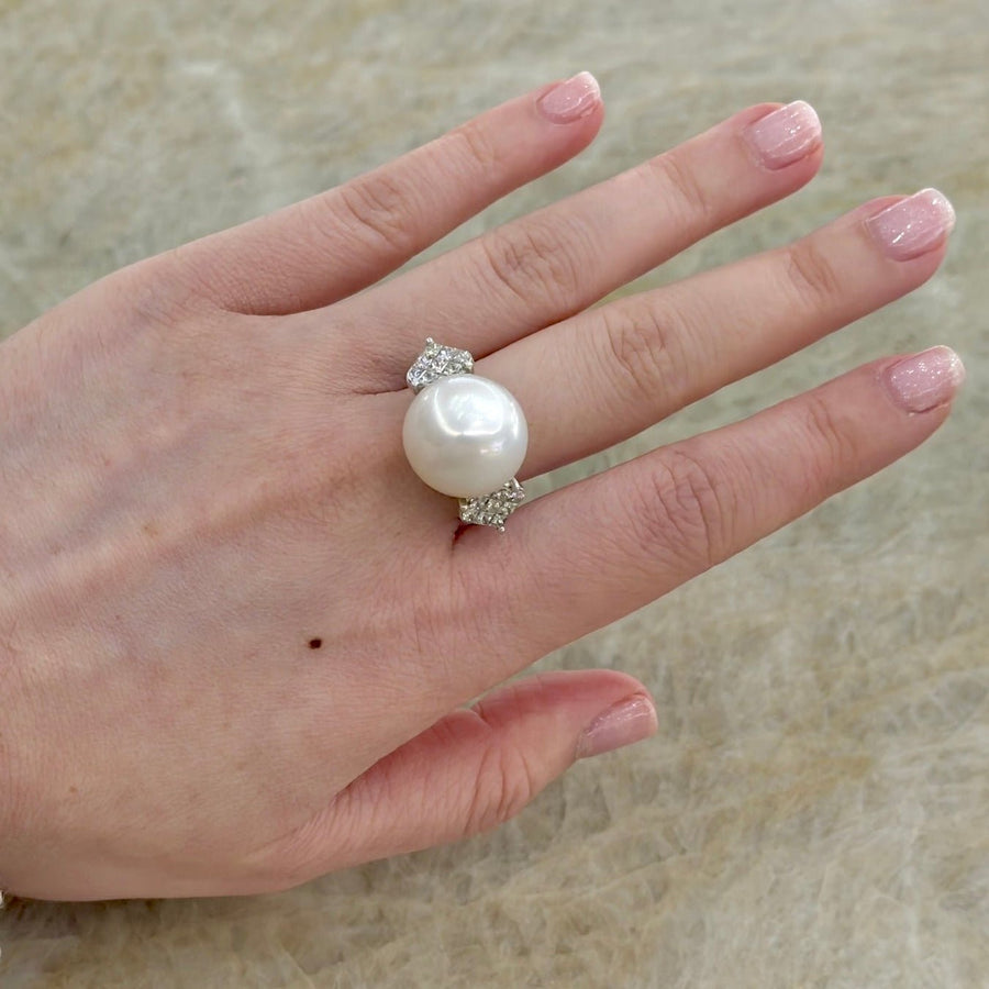 White South Sea Pearl Pave Diamond Heart Ring - PRNEL00073