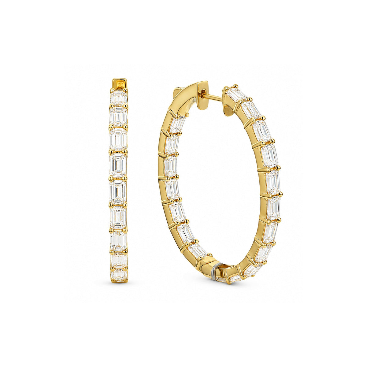 Yellow Gold Emerald Cut Diamond In-and-Out Hoop Earrings