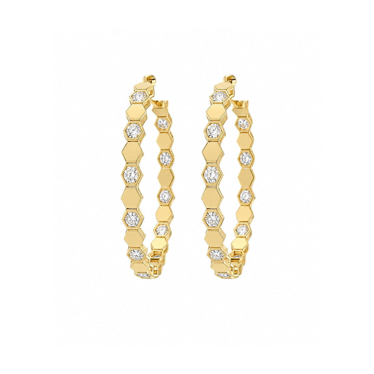 Yellow Gold Geometric Hexagon Inside-Out Diamond Hoop Earrings