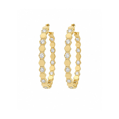 Yellow Gold Geometric Hexagon Inside-Out Diamond Hoop Earrings-Yellow Gold Geometric Hexagon Inside-Out Diamond Hoop Earrings
