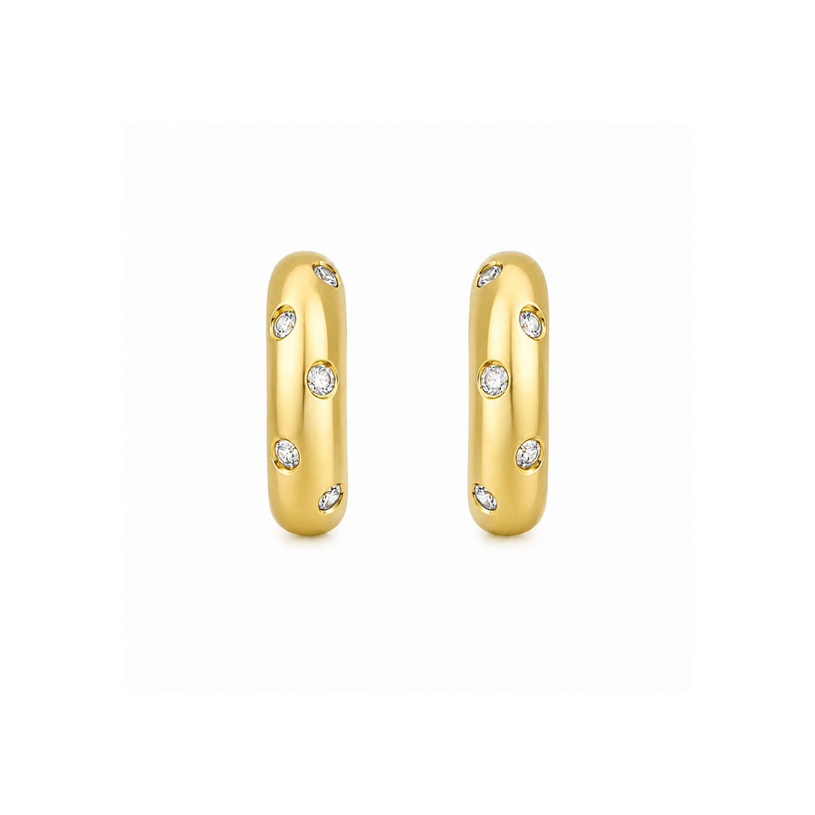 Yellow Gold Scattered Flush-Set Diamond Thick Hoop Earrings - DERTJ01919