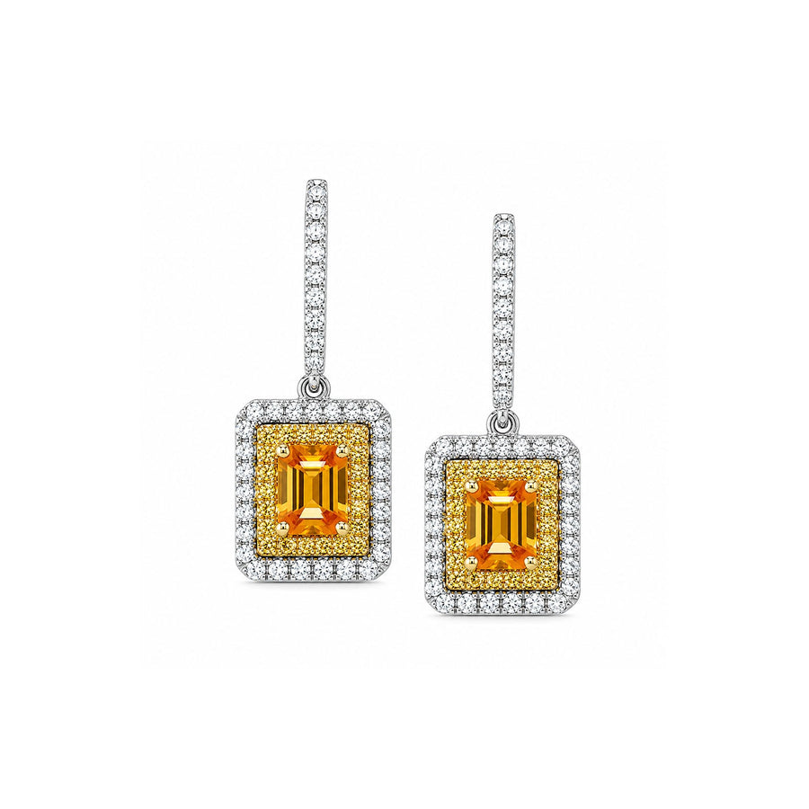 Yellow Sapphire Double Diamond Halo Drop Earrings