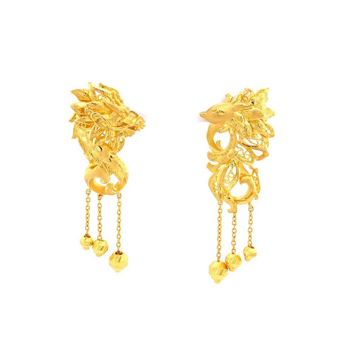 24K Gold Dragon and Phoenix Chandelier Earrings -