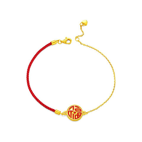 24K Gold Good Fortune Red Cord and Chain Bracelet - CM26016-R