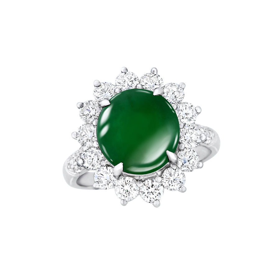 Round Cabouchon Imperial Jadeite Diamond Halo Ring