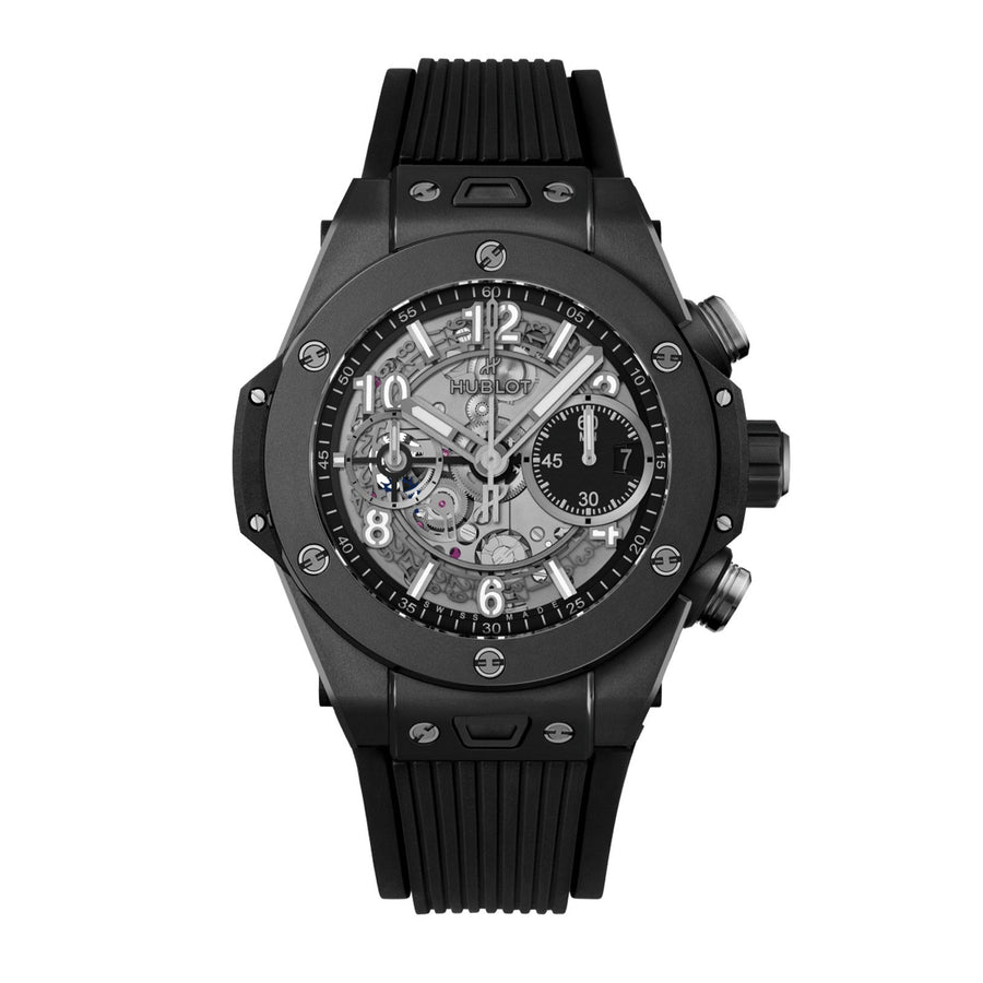 Big Bang Classic Fusion Unico Black Magic 42mm - 441.CI.1171.RX - Hublot Big Bang Unico Black Magic in a 42mm microblasted polished black ceramic with skeleton dial on black structured rubber strap, featuring a chronograph, small seconds display, and automatic movement with up to 72 hours of power reserve.