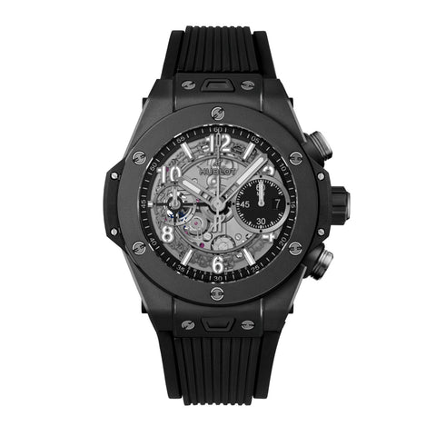 Hublot Big Bang Unico Black Magic 42mm-Big Bang Classic Fusion Unico Black Magic 42mm - 441.CI.1171.RX - Hublot Big Bang Unico Black Magic in a 42mm microblasted polished black ceramic with skeleton dial on black structured rubber strap, featuring a chronograph, small seconds display, and automatic movement with up to 72 hours of power reserve.