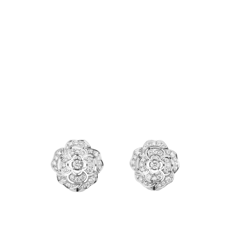 CHANEL Bouton de Camélia Earrings in 18K white gold with diamonds totaling 0.77 carats.