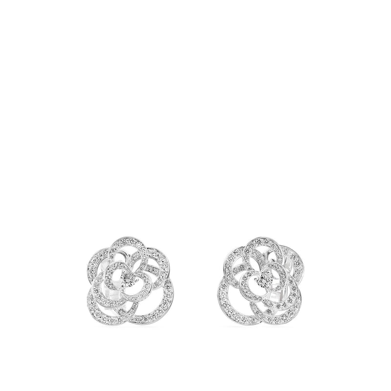 Chanel White Gold Diamond And Pearl Camelia Earrings - Crown Jewelers
