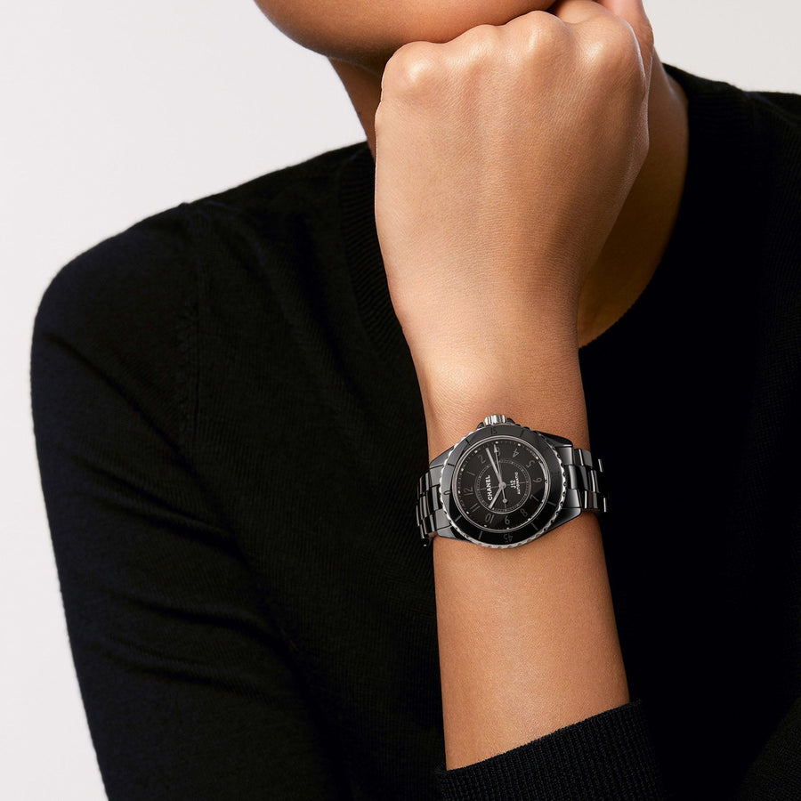 CHANEL J12 Phantom in a 38mm black ceramic case with black dial on black ceramic bracelet, featuring an automatic movement.