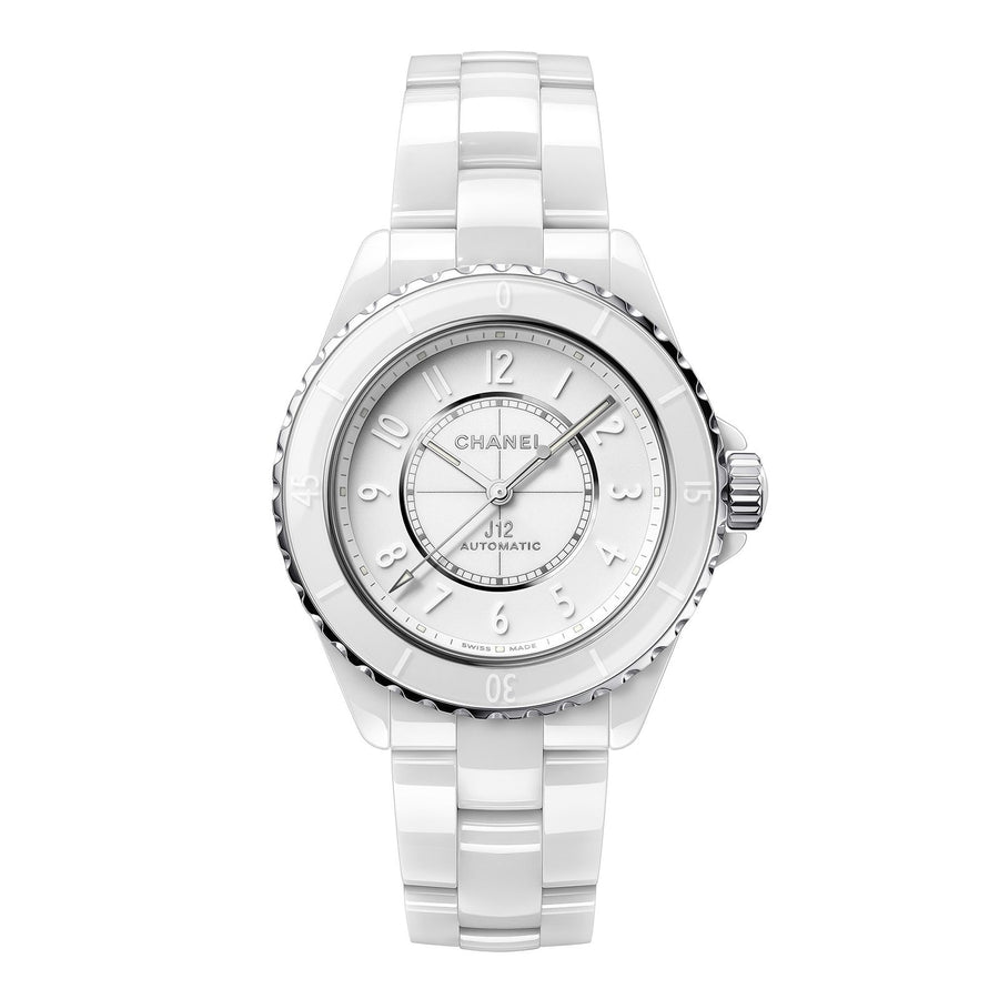 CHANEL J12 Phantom in a 38mm white ceramic case with white dial on white ceramic bracelet, featuring an automatic movement.