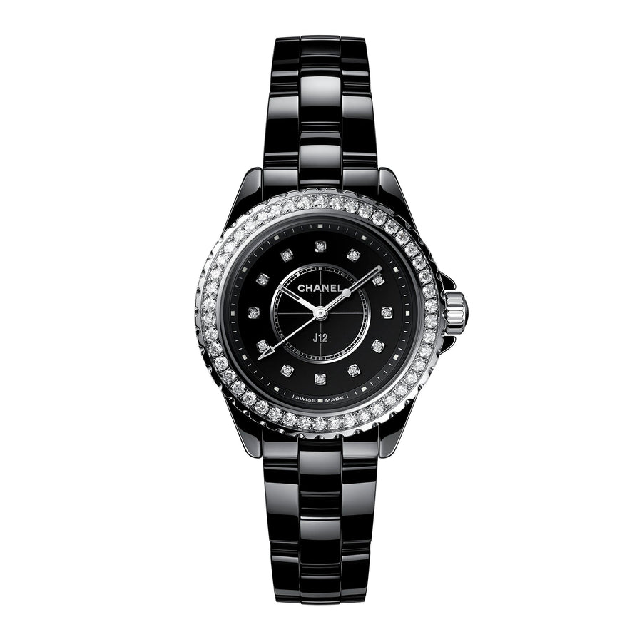 CHANEL J12 Watch 33mm - H6419 - CHANEL J12 Watch in a 33mm black ceramic diamond bezel case with black dial on black ceramic bracelet, featuring diamond markers and a quartz movement.