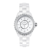 CHANEL J12 Watch in a 33mm highly resistant white ceramic diamond bezel case with white dial on highly resistant white ceramic bracelet, featuring diamond markers and quartz movement.