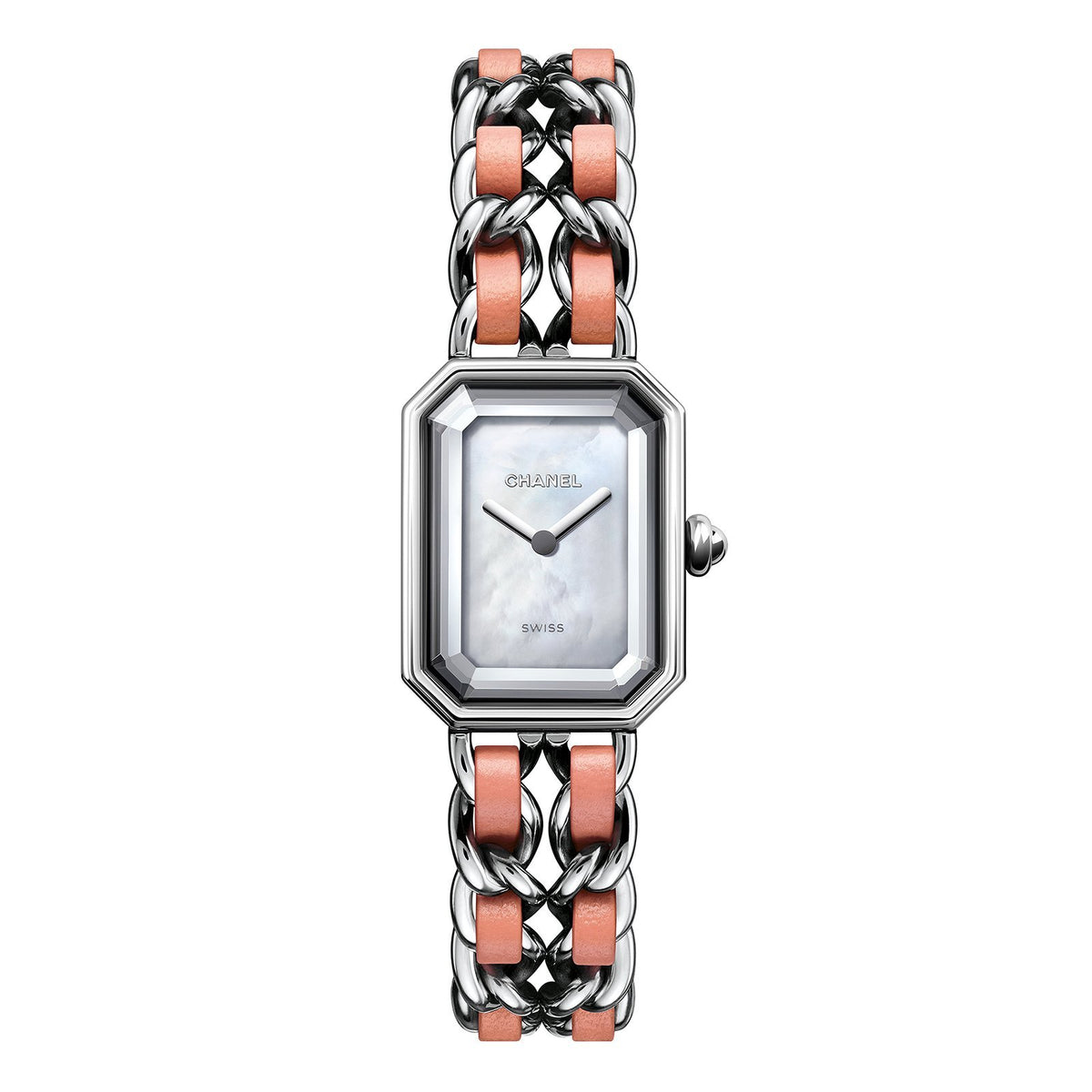 CHANEL PREMIÈRE Rock in a 26mm x 20mm stainless steel case with mother-of-pearl dial on stainless steel/leather chain, featuring a quartz movement.