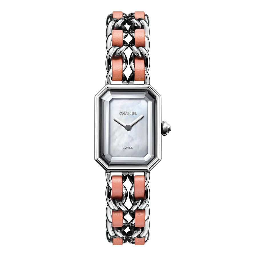 CHANEL PREMIÈRE Rock in a 26mm x 20mm stainless steel case with mother-of-pearl dial on stainless steel/leather chain, featuring a quartz movement.