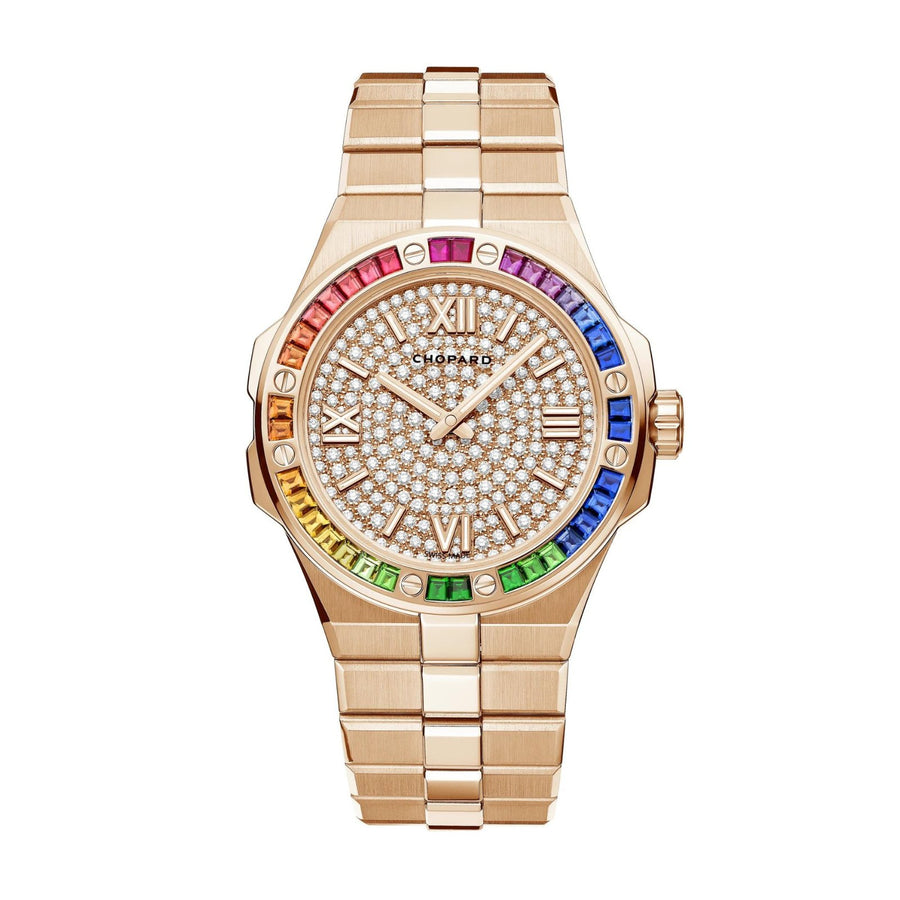 Chopard Alpine Eagle 41 - 295363-5011 - Chopard Alpine Eagle in a 41mm rose gold rainbow sapphire bezel case with pavé diamond dial on rose gold bracelet, featuring an automatic movement with approximately 60 hours power reserve.