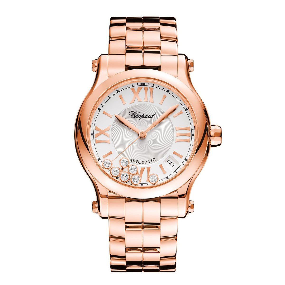 Chopard Happy Sport in 36mm rose gold case with silver dial and seven floating diamonds on rose gold bracelet, featuring a date display and automatic movement with 62 hours power reserve.
