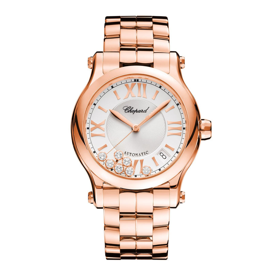 Chopard Happy Sport in 36mm rose gold case with silver dial and seven floating diamonds on rose gold bracelet, featuring a date display and automatic movement with 62 hours power reserve.