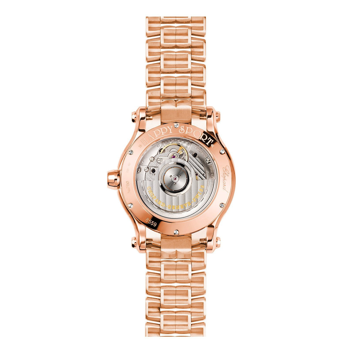 Chopard Happy Sport in 36mm rose gold case with silver dial and seven floating diamonds on rose gold bracelet, featuring a date display and automatic movement with 62 hours power reserve.