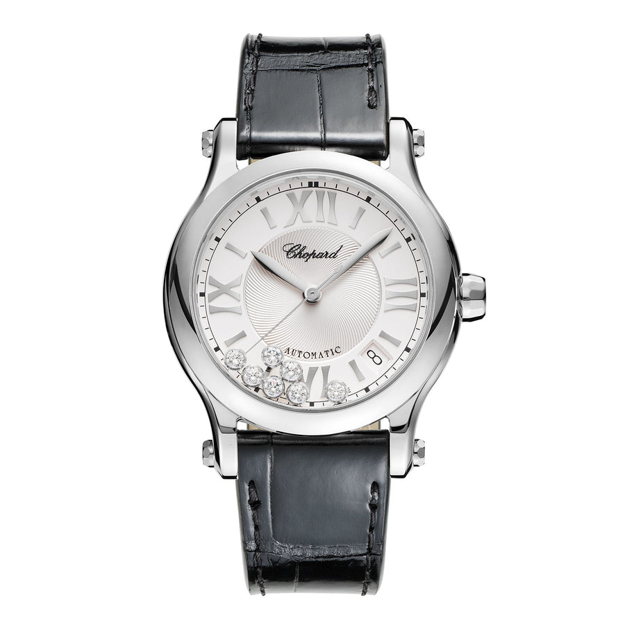 Chopard Happy Sport - 278559-3001 - Chopard Happy Sport in a 36mm stainless steel case with silver dial with seven floating diamonds on leather strap, featuring a date display and automatic movement with approximately 62 hours power reserve.