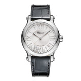 Chopard Happy Sport - 278559-3001 - Chopard Happy Sport in a 36mm stainless steel case with silver dial with seven floating diamonds on leather strap, featuring a date display and automatic movement with approximately 62 hours power reserve.