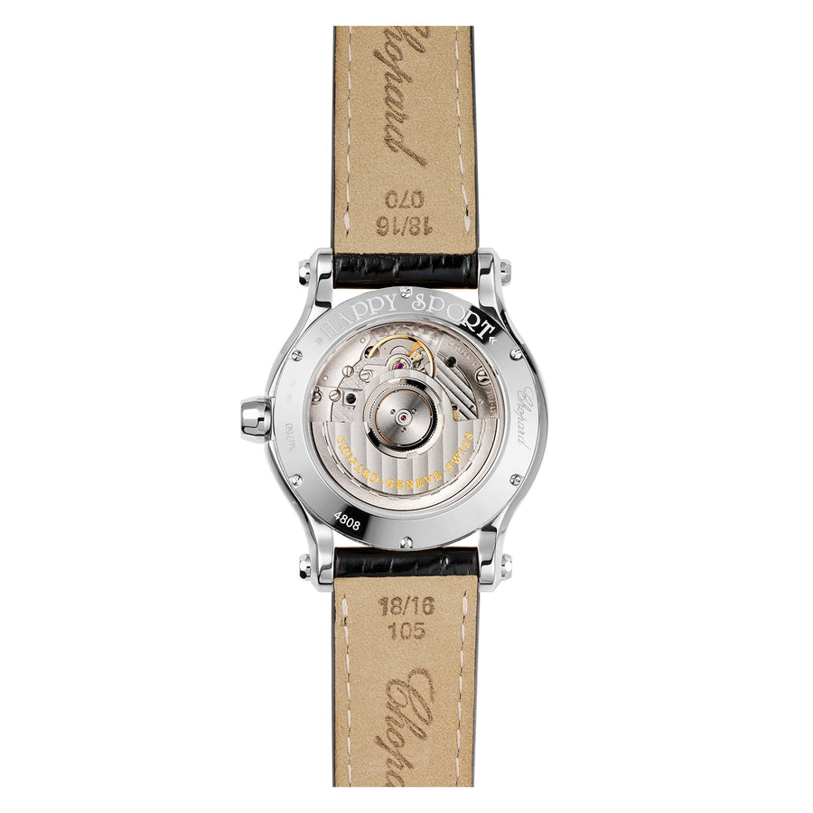 Chopard Happy Sport - 278559-3001 - Chopard Happy Sport in a 36mm stainless steel case with silver dial with seven floating diamonds on leather strap, featuring a date display and automatic movement with approximately 62 hours power reserve.