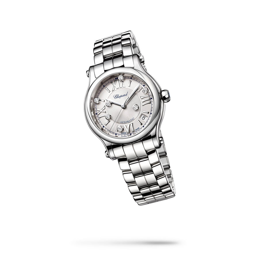 <em data-mce-fragment="1"></em><span data-mce-fragment="1">Chopard Happy Sport in 36mm stainless steel case&nbsp;and silver&nbsp;dial with seven&nbsp;floating diamonds on stainless steel bracelet, featuring a date window and automatic movement with approximately 62 hours power reserve.