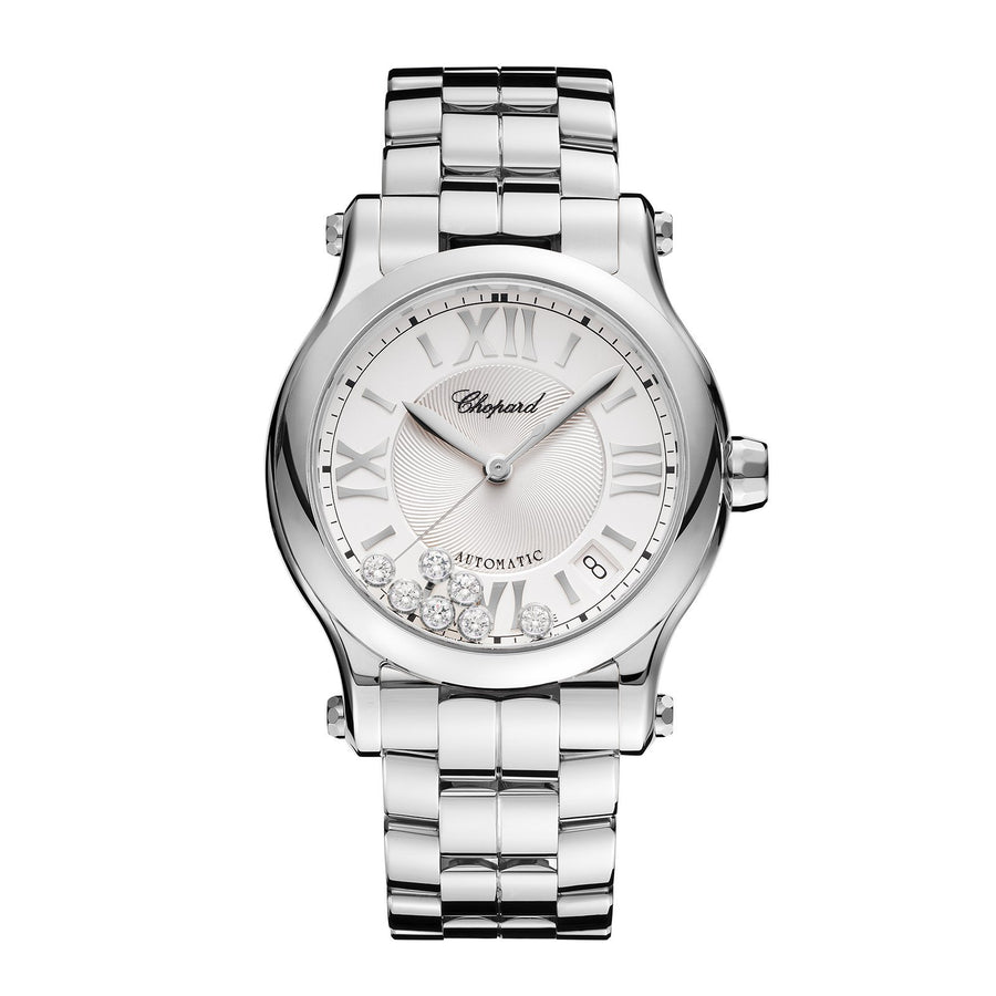 <em data-mce-fragment="1"></em><span data-mce-fragment="1">Chopard Happy Sport in 36mm stainless steel case&nbsp;and silver&nbsp;dial with seven&nbsp;floating diamonds on stainless steel bracelet, featuring a date window and automatic movement with approximately 62 hours power reserve.</span>