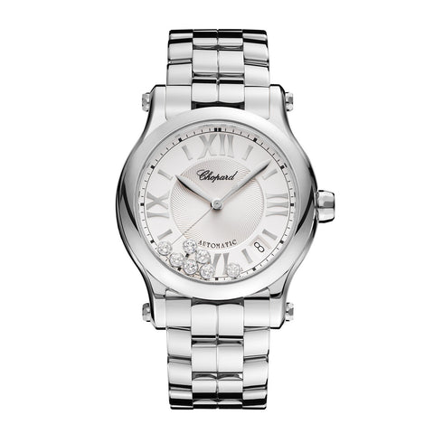 Chopard Happy Sport-<em data-mce-fragment="1"></em><span data-mce-fragment="1">Chopard Happy Sport in 36mm stainless steel case&nbsp;and silver&nbsp;dial with seven&nbsp;floating diamonds on stainless steel bracelet, featuring a date window and automatic movement with approximately 62 hours power reserve.</span>