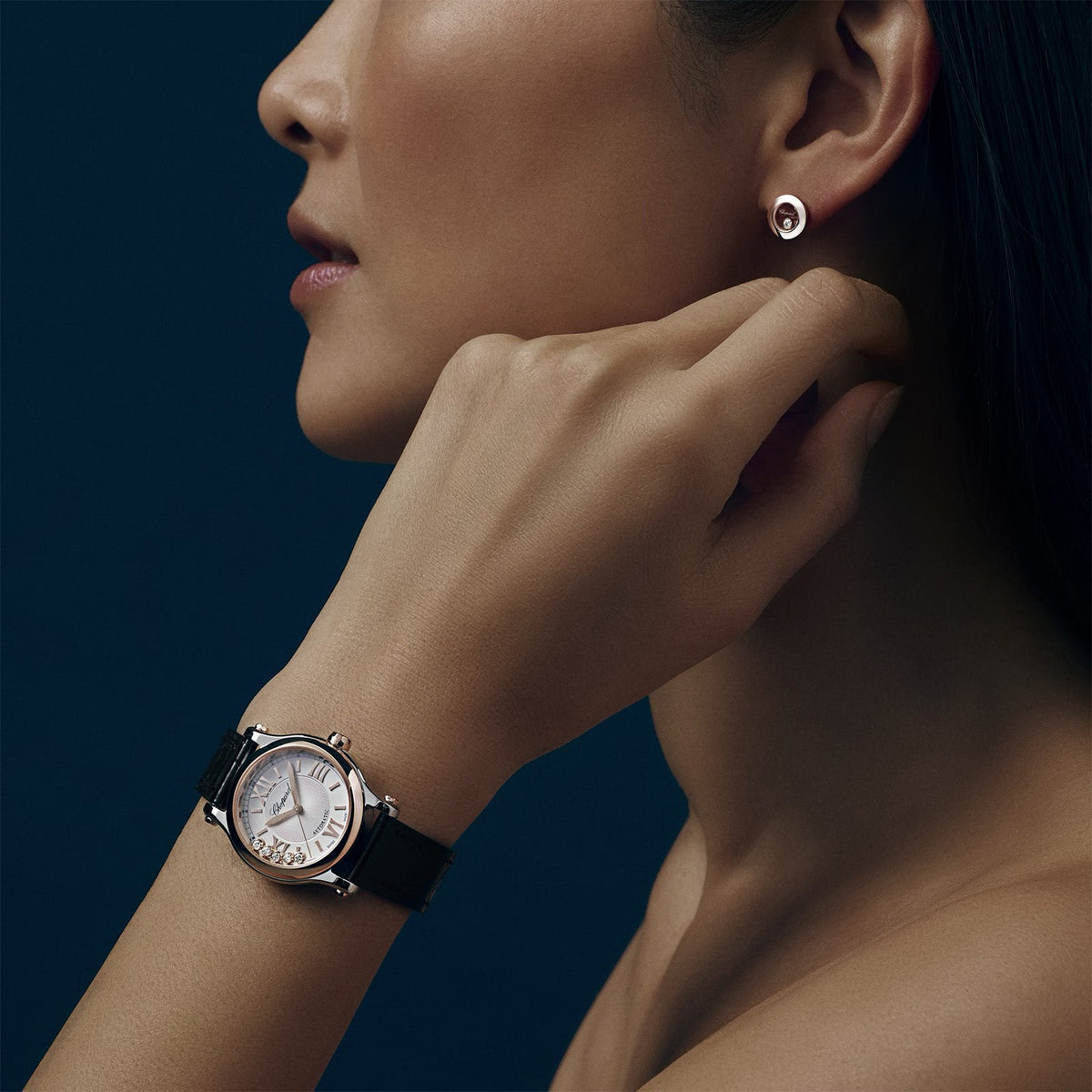 Chopard Happy Sport - 278573-6013 - Chopard Happy Sport in a 30mm stainless steel/rose gold case with silver dial and five floating diamonds on leather strap, featuring an automatic movement with 42 hours power reserve.